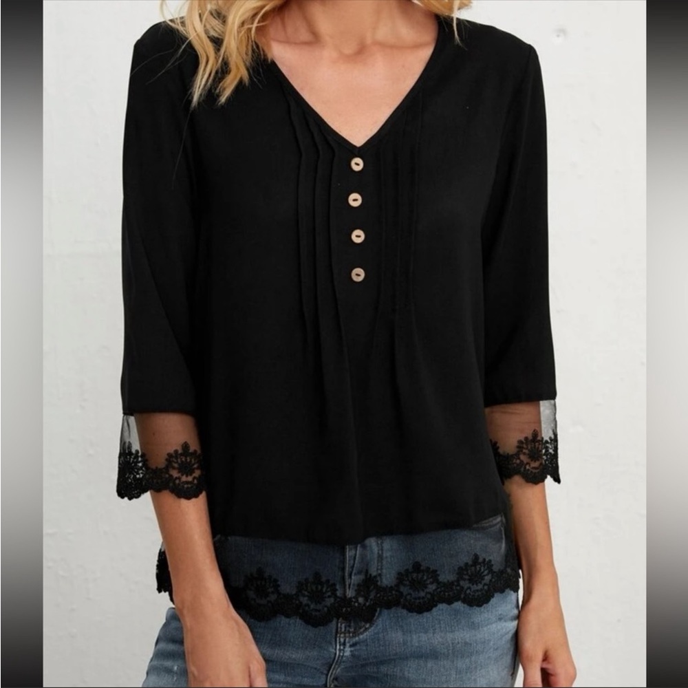 Blouse - Ladies Black with Lace Blouse with button decor size Large
